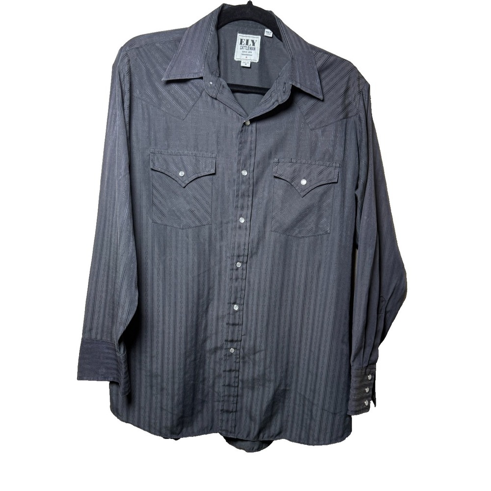 Ely Cattleman Shirt‎ Mens Medium Black Stripe rodeo Pearl Snap Western Cowboy